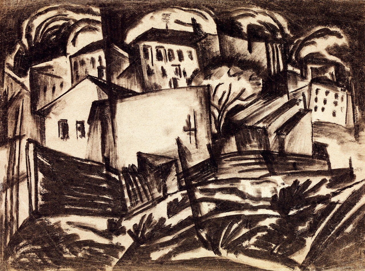 Kádár Béla 1877 1956 Houses in the Suburb, early 1920s 30,5x42,5 cm Charcoal on paper Unsigned