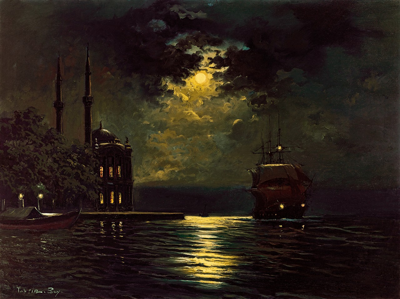 Diyarbakirli Tahsin 1875 1937 Morsqueé Ortakoy Camii, (Istambul) 60x80 cm Oil on canvas Signed