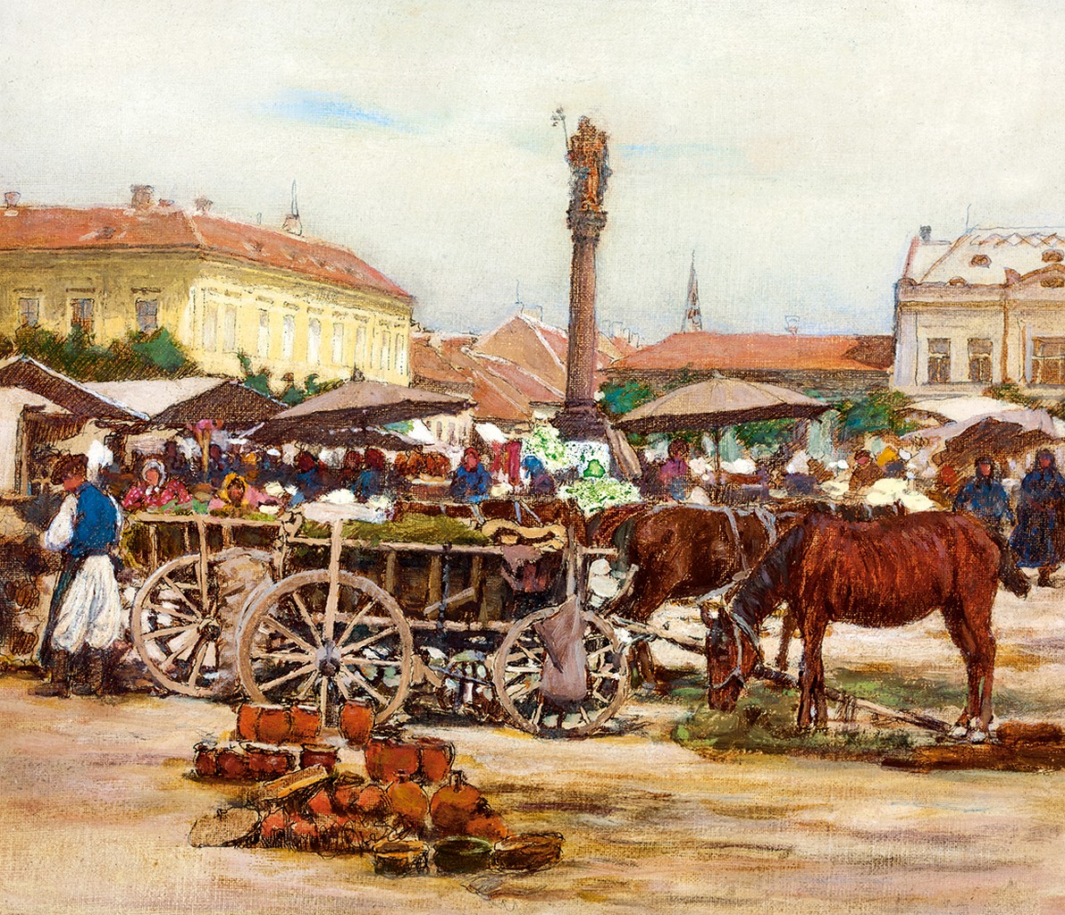 Johann Nepomuk Geller 1860 1954 Market in Znaim (bohemia) 22x26 cm Oil on canvas Unsigned