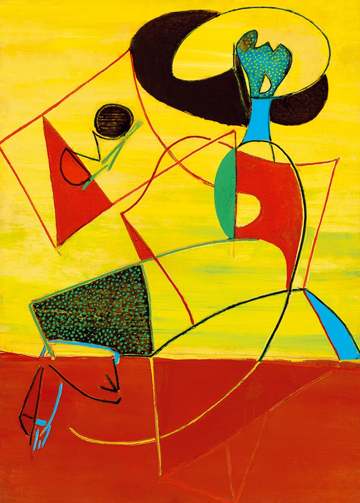 Vajda Júlia 1913 1982 Figure Stepping with Horizon (Composition), 1948 47,5x34,5 cm Oil, paper on