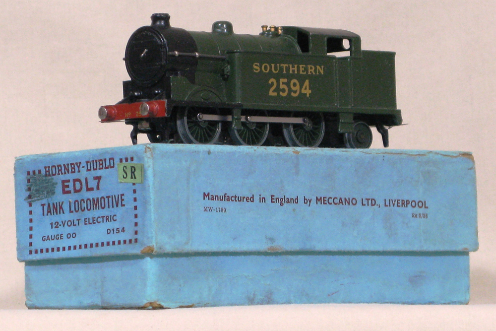 EDL7 0-6-2 Tank Locomotive Southern Region.  Pre-war couplings, gold label. Pale blue pre-war box