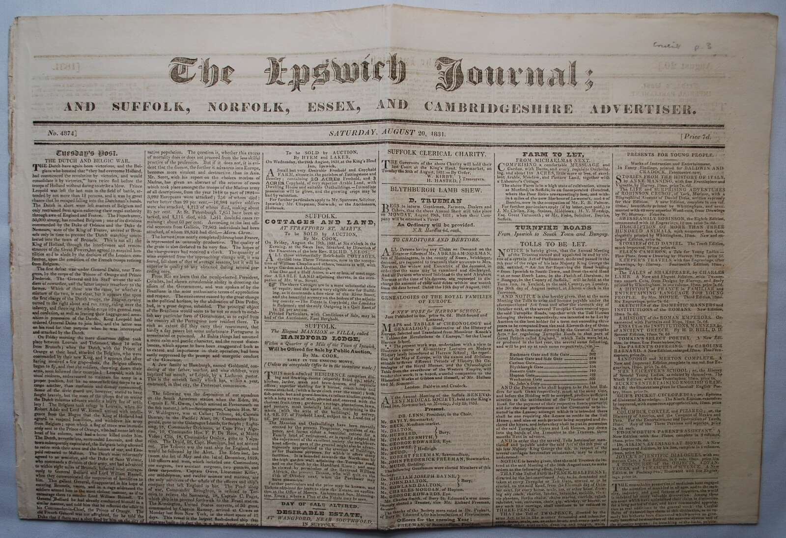 ?The Ipswich Journal?. Early and original broadsheet four page newspaper for 20th August 1831,