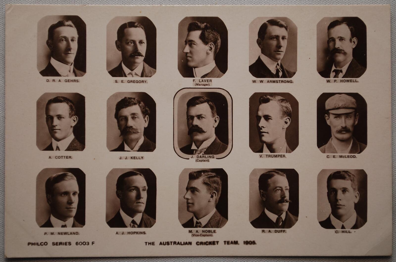 ?The Australian Cricket Team 1905?. Mono real photograph postcard of the fifteen members of the