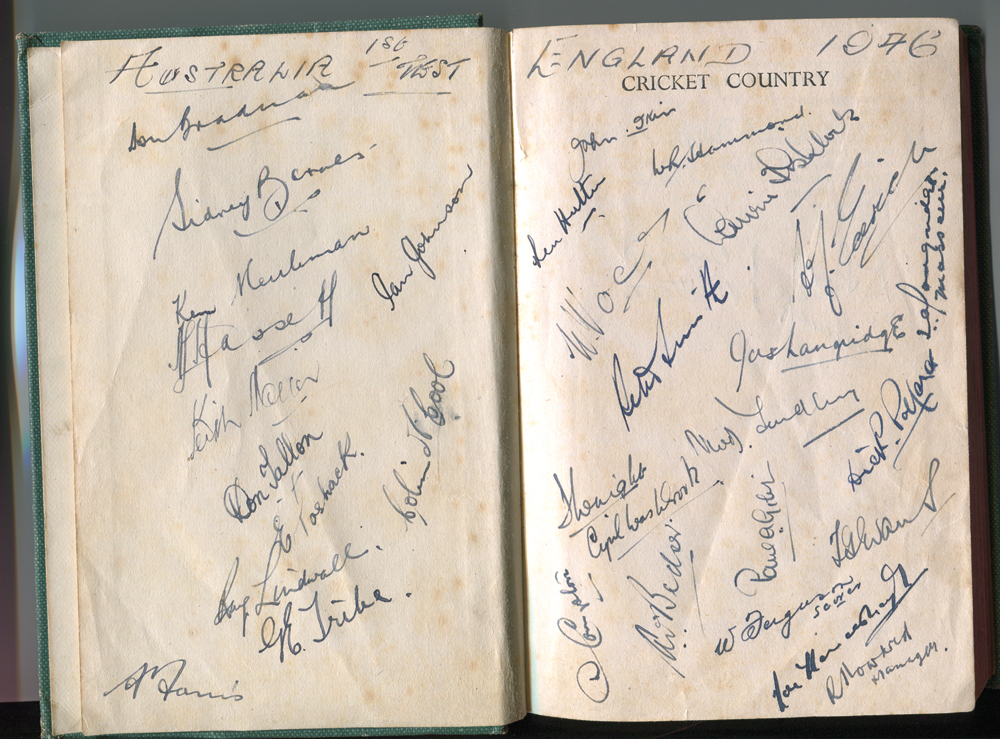 Australia v England 1946-1947. ?Cricket Country? Edmund Blunden 1945. The front end papers nicely