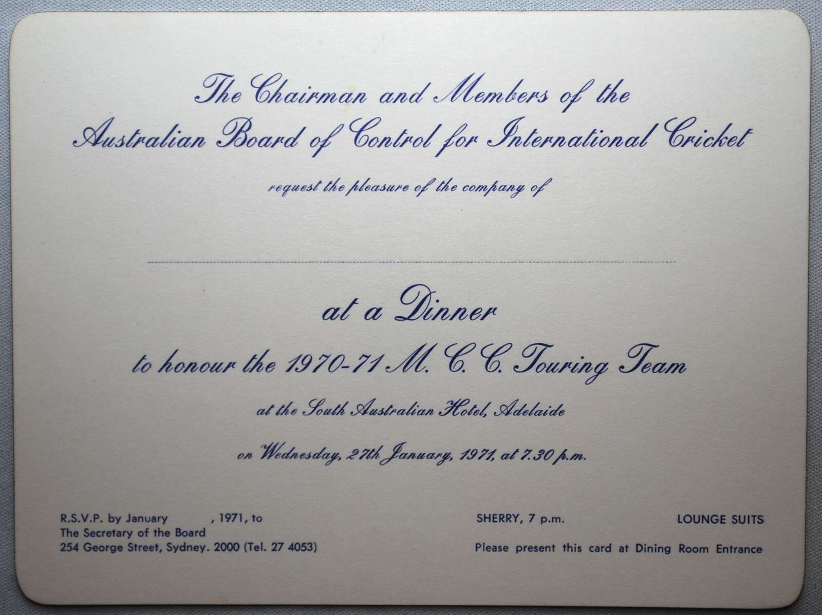 M.C.C. tour to Australia 1970/71. Invitation card issued by the Australian Board of Control for