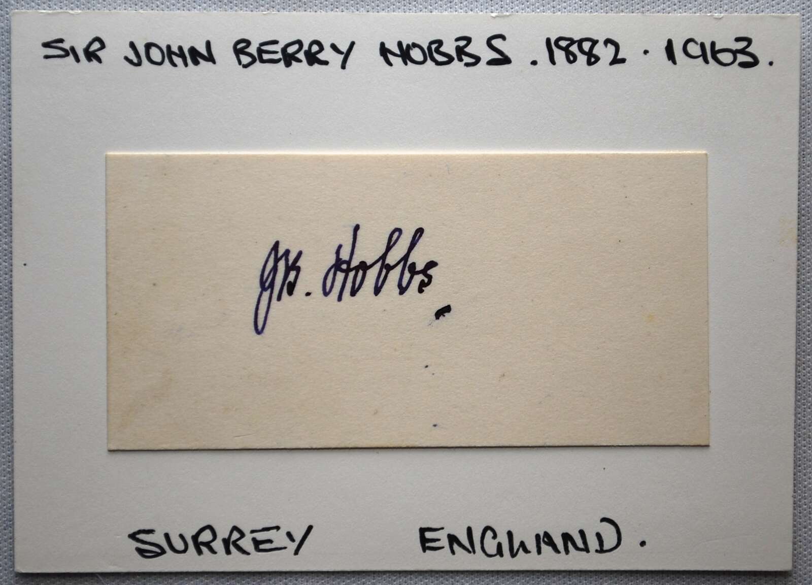 J.B. Hobbs, Surrey & England 1905-1934. Good ink signature of Hobbs on paper piece, laid down to