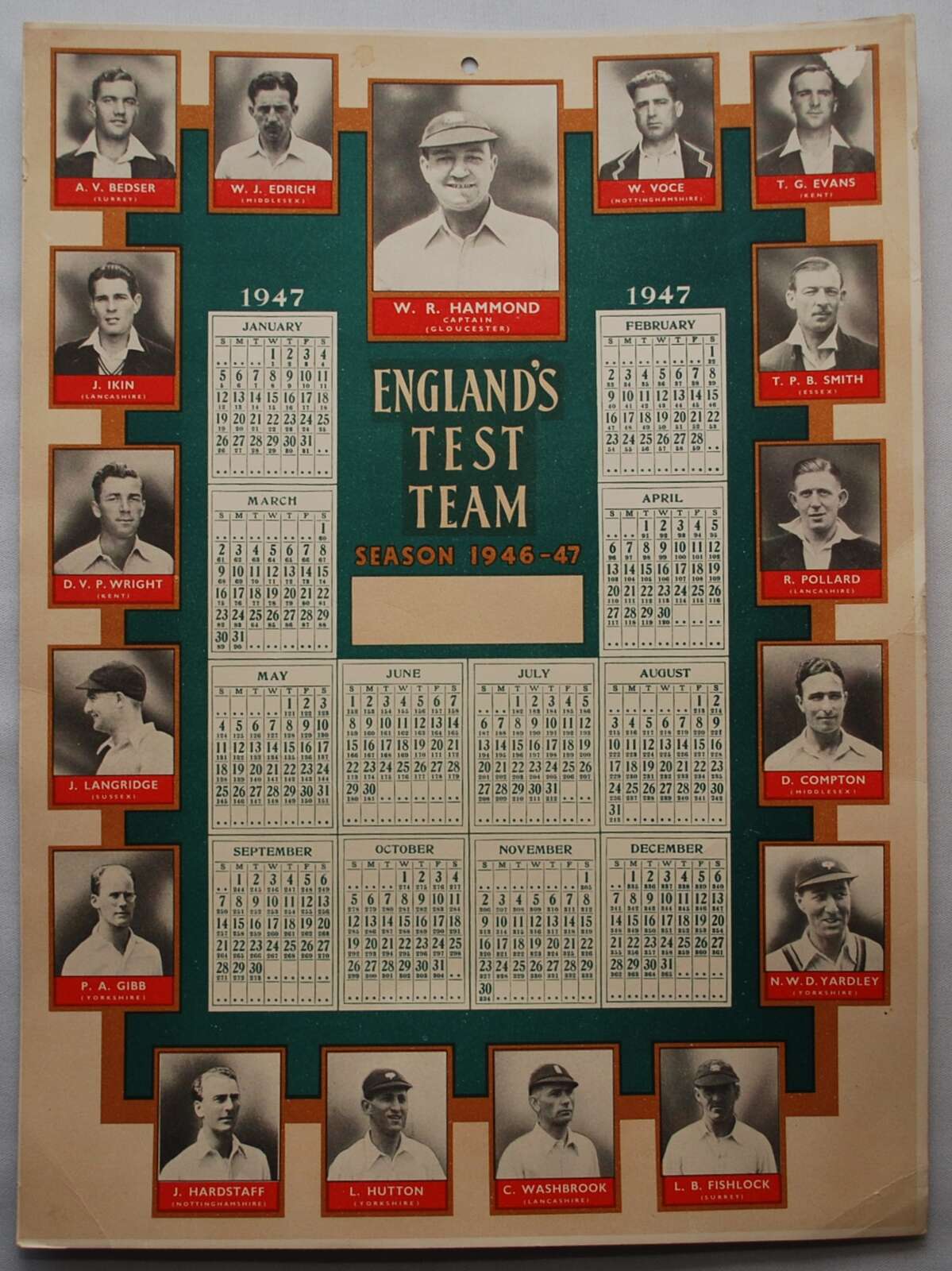 ?England?s Test Team. Season 1946/47?. M.C.C. tour of Australia 1946/47. Original single page