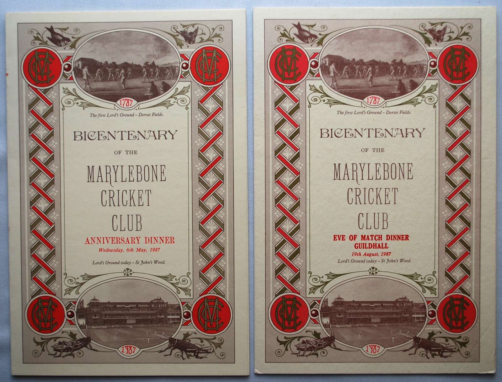 M.C.C. Bicentenary. Two official menus for the ?Anniversary Dinner? held at Lord?s on 6th May 1987