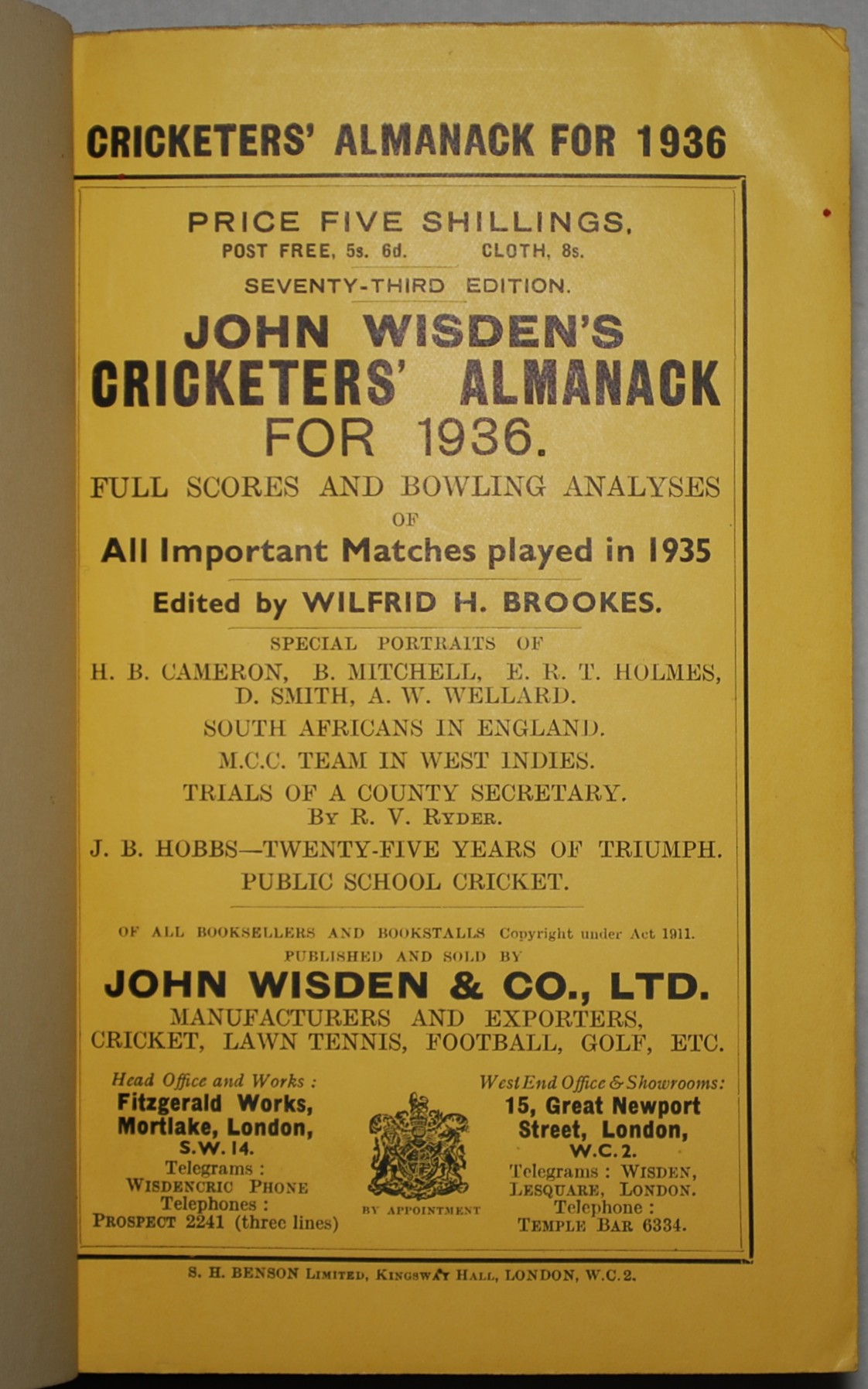 Wisden Cricketers? Almanack 1936. 73rd edition. Nicely bound in black boards,  with excellent