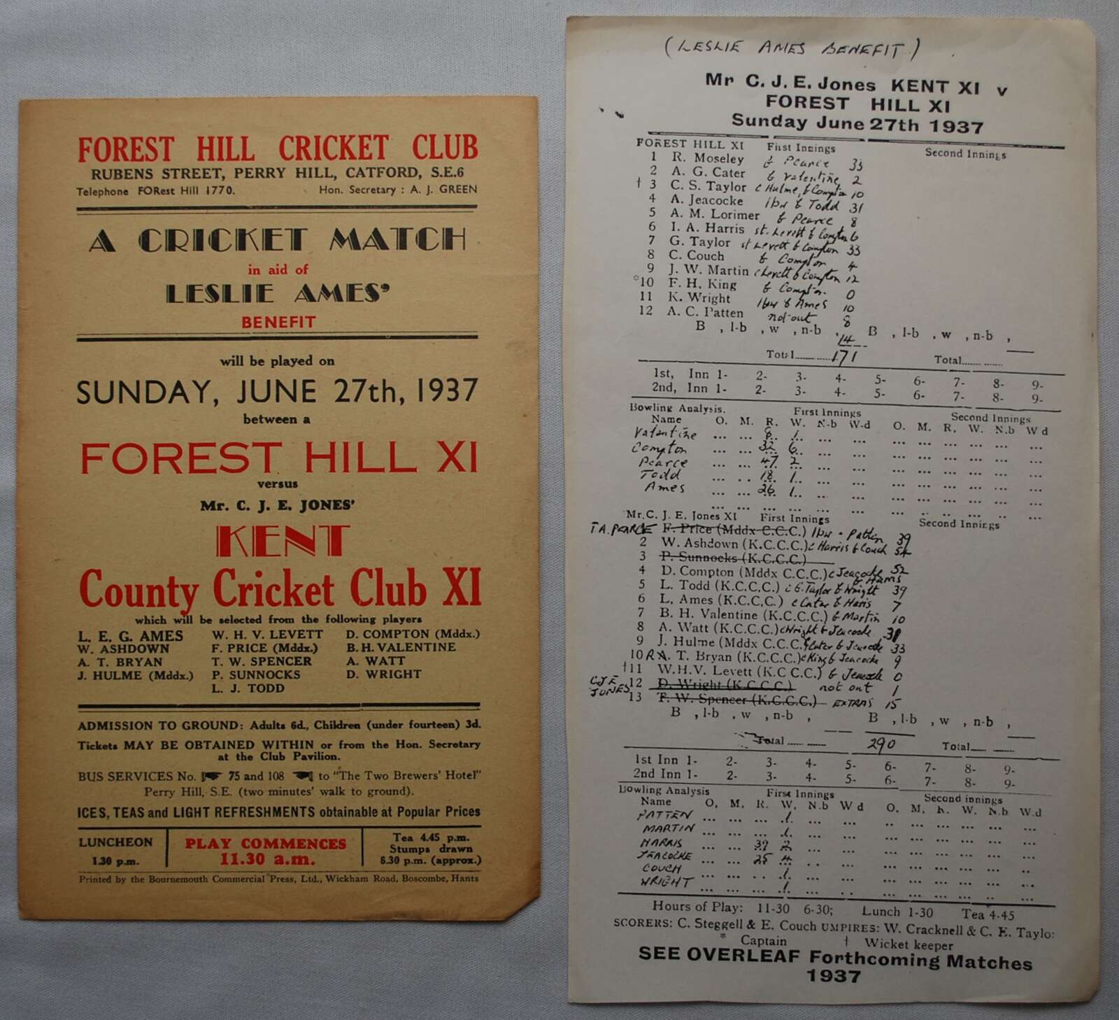 Leslie Ames. Kent & England 1926-1951. Leaflet/flyer advertising a Benefit match for Ames at Forest