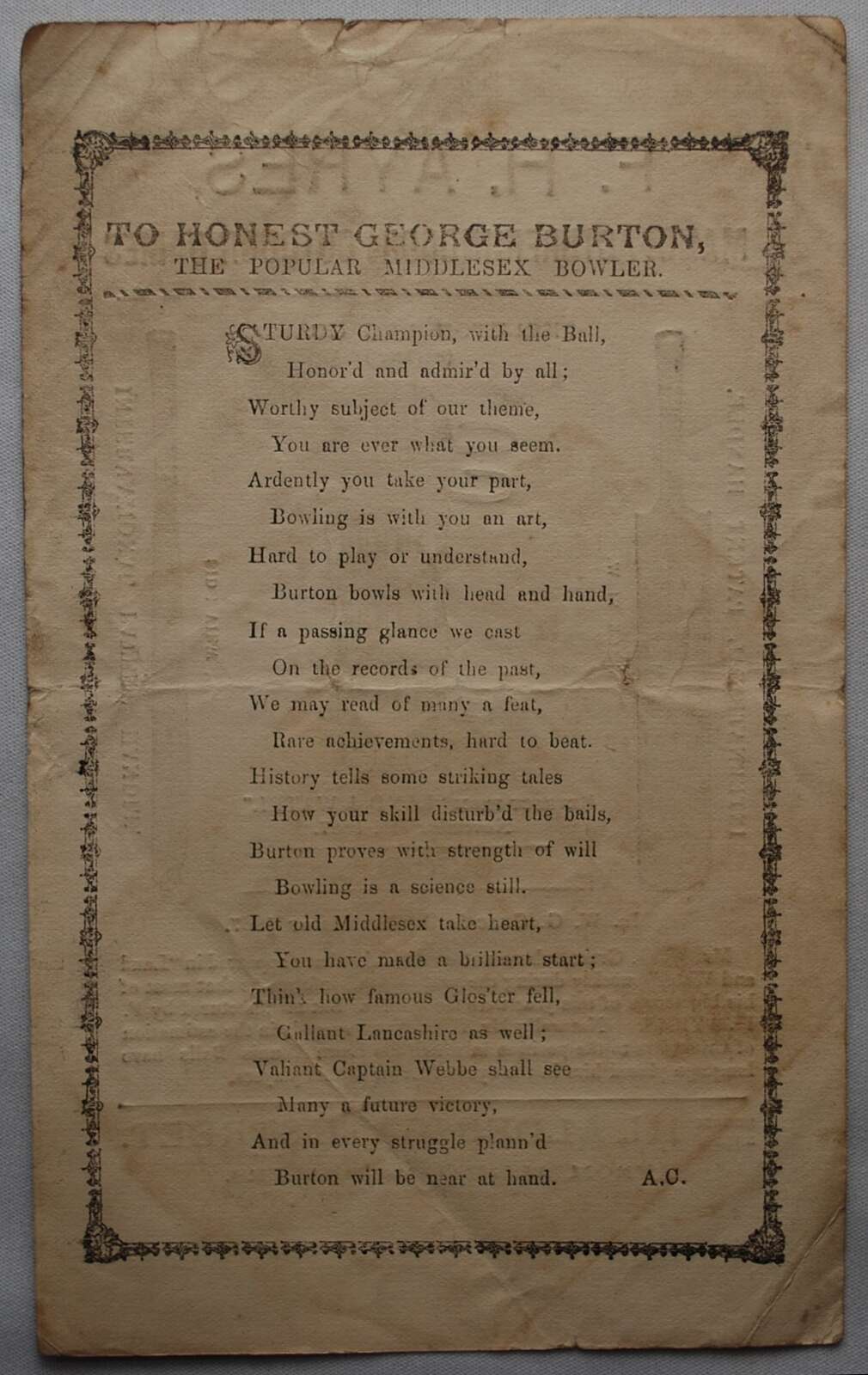 Albert Craig. ?To Honest George Burton. The Popular Middlesex Bowler?. Original broadsheet poem in