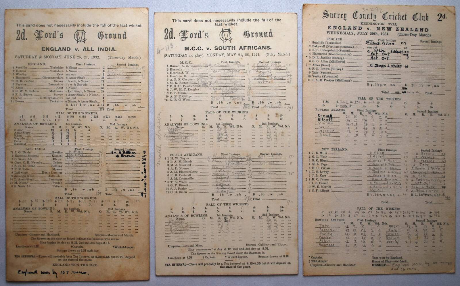 England scorecards. Three official scorecards for Test matches for M.C.C. v South Africans, Lord?s