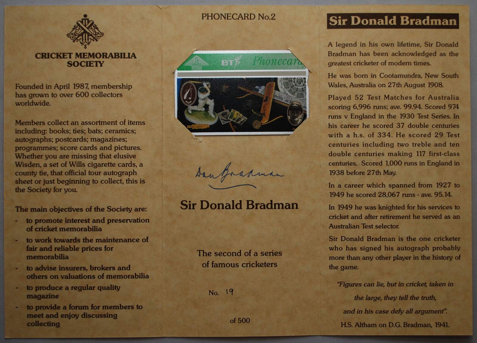 Don Bradman. Cricket Memorabilia Society limited edition Bradman phonecard with signature of