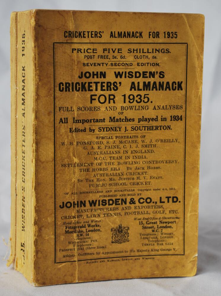 Wisden Cricketers? Almanack 1935. 72nd edition. Original paper wrappers. Some soiling to wrappers