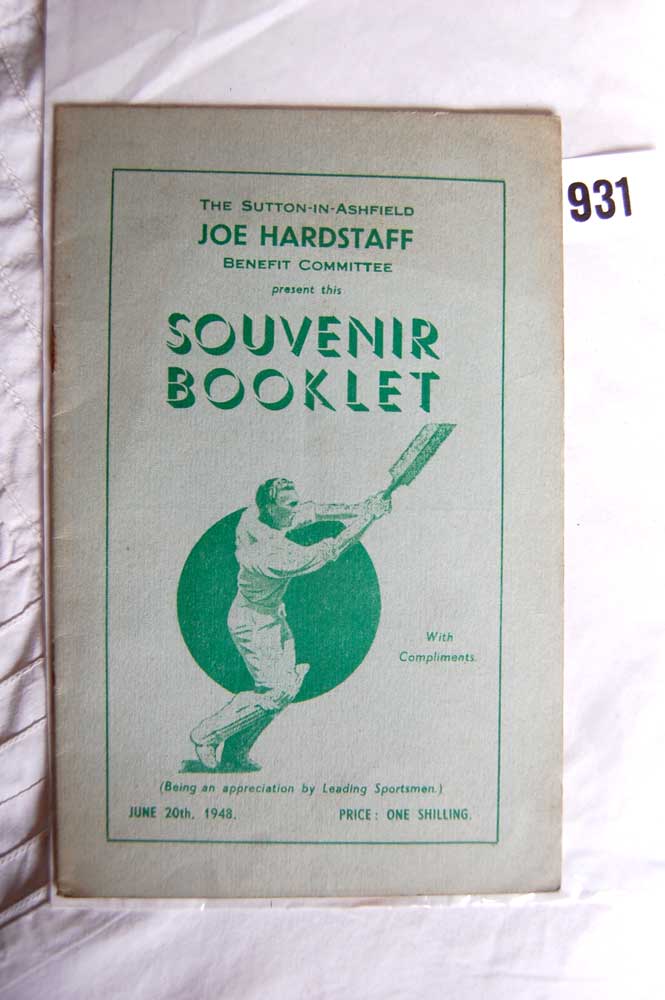 Joe Hardstaff, Nottinghamshire & England. Benefit ?Souvenir Booklet (Being an appreciation by