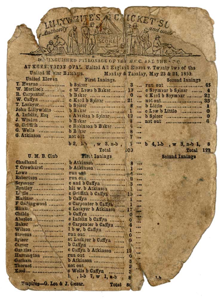 Lillywhite?s Scorecard 1859. Early printed scorecard for a match played at Kennington Oval on 23rd