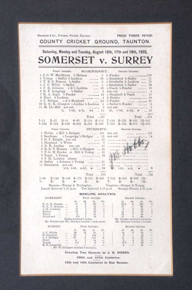 Jack Hobbs. Somerset v Surrey 1925. Original scorecard from the match where Hobbs made his 126th