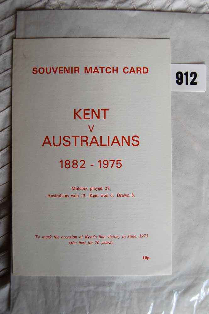 Kent v Australians 1882-1975. Four page souvenir match card produced to mark Kent?s victory over