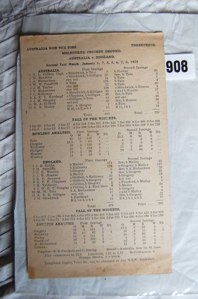 Australia v England 1924/25. Scarce official scorecard for the second Test match played at the