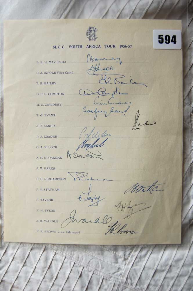 M.C.C. tour of South Africa 1956-57. Official autograph sheet for the tour. Sixteen signatures in