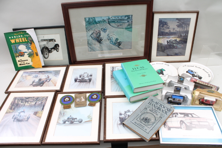 Automobilia: books to include `The Autocar Handbook` eighth edition, three car mascots including two