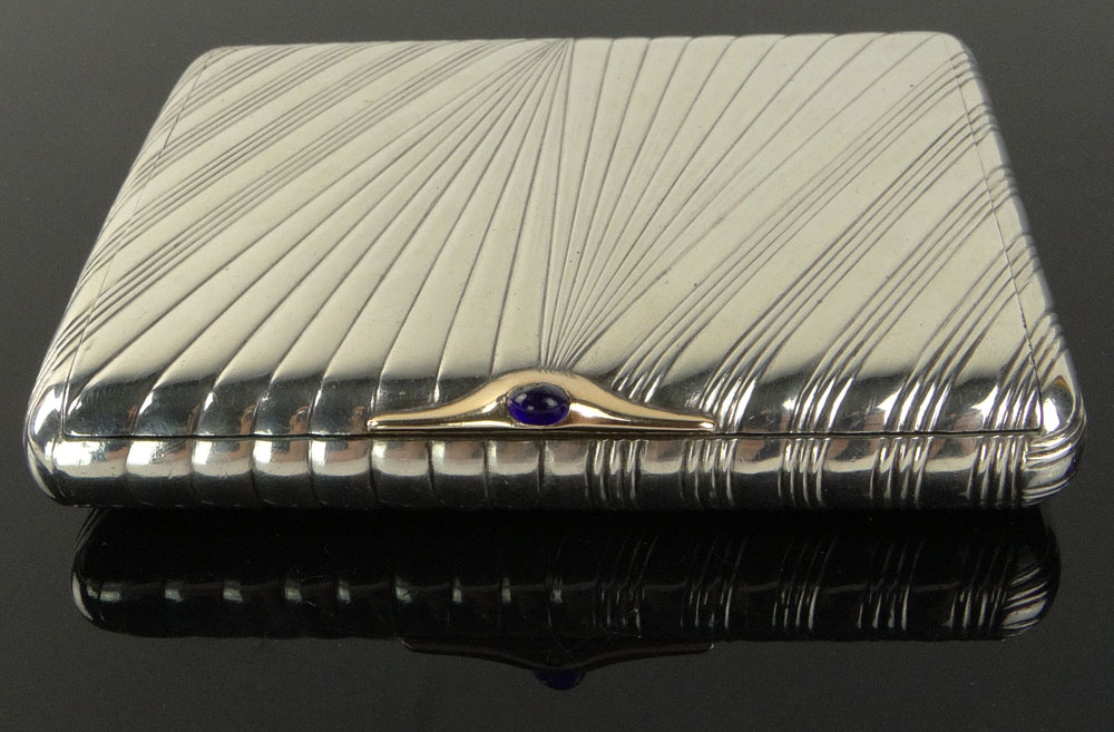 19/20th C Russian Silver Card Case With Sapphire Cabochon and Gold Clasp. Nice Ribbed Motif. Signed