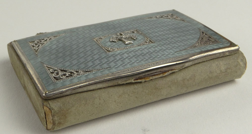 Antique French Guilloche Enamel and Silver Miniature Box. Suede Covered Body with Lined Interior.