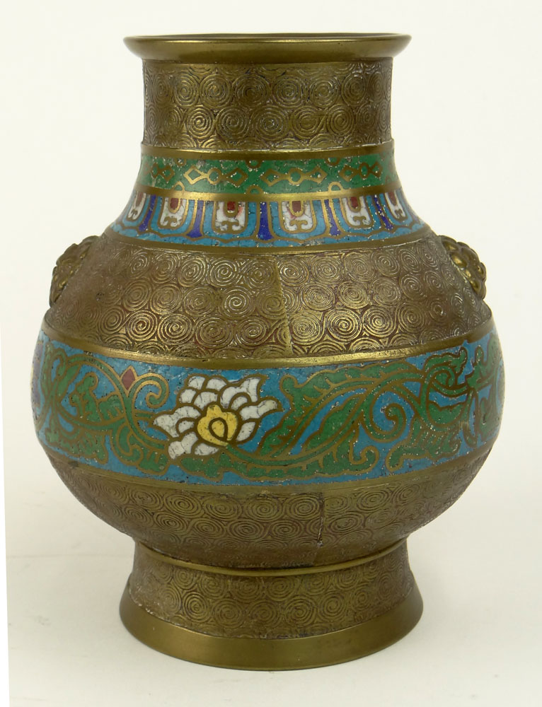 19/20th C Chinese Bronze and Cloisonné Vase. Mock Lion`s Head Handles. Unsigned. Small Ding on Side