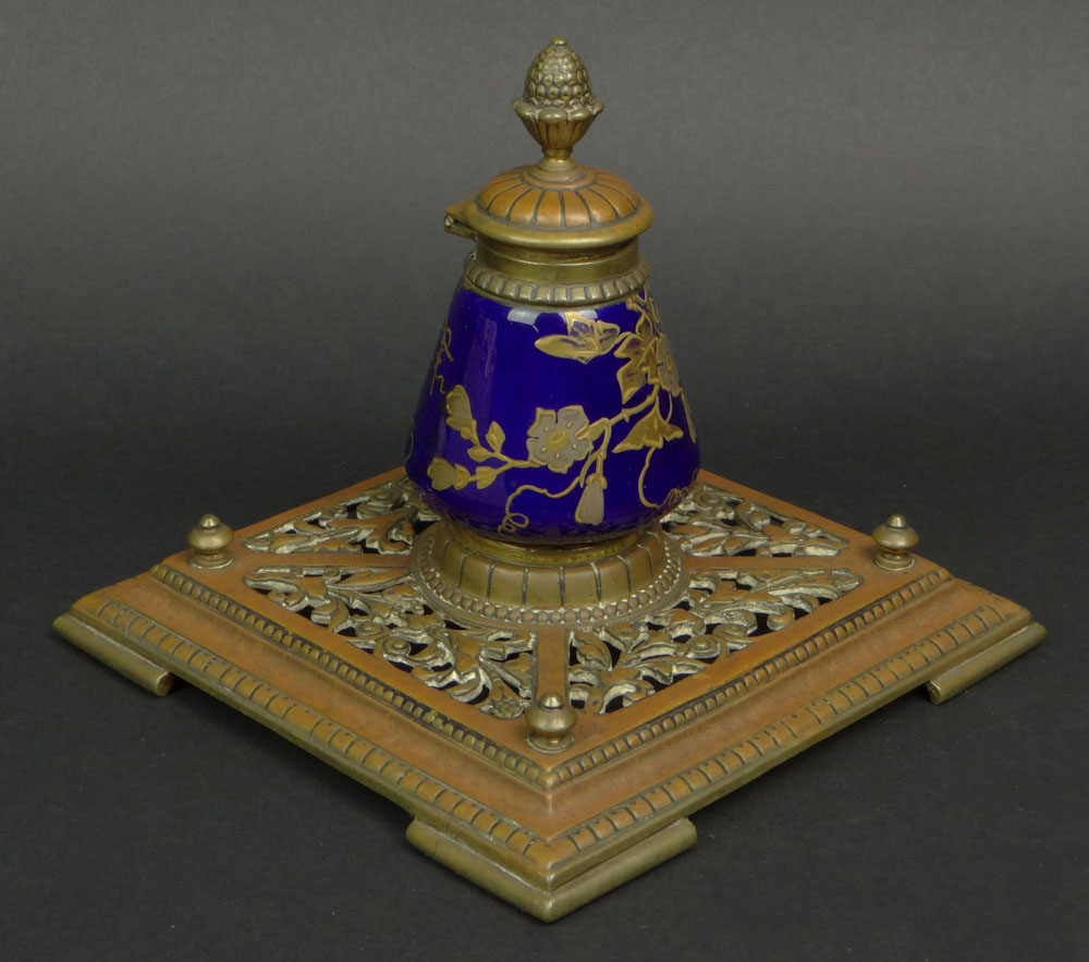 19th/20th Century Bronze and Hand Painted Enamel Porcelain Inkwell. Bronze Pineapple Finial Mounted