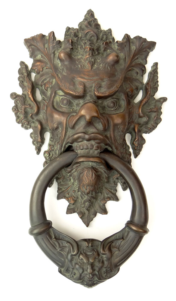 Modern Cast Bronze Figural Door Knocker Brown/Green Patina. Unsigned. Good Condition. Measures 17