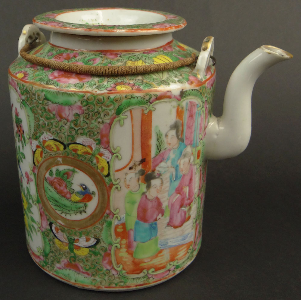 19/20th Century Chinese Rose Medallion Porcelain Tea Pot. Unsigned. Repair and Chip to Spout,