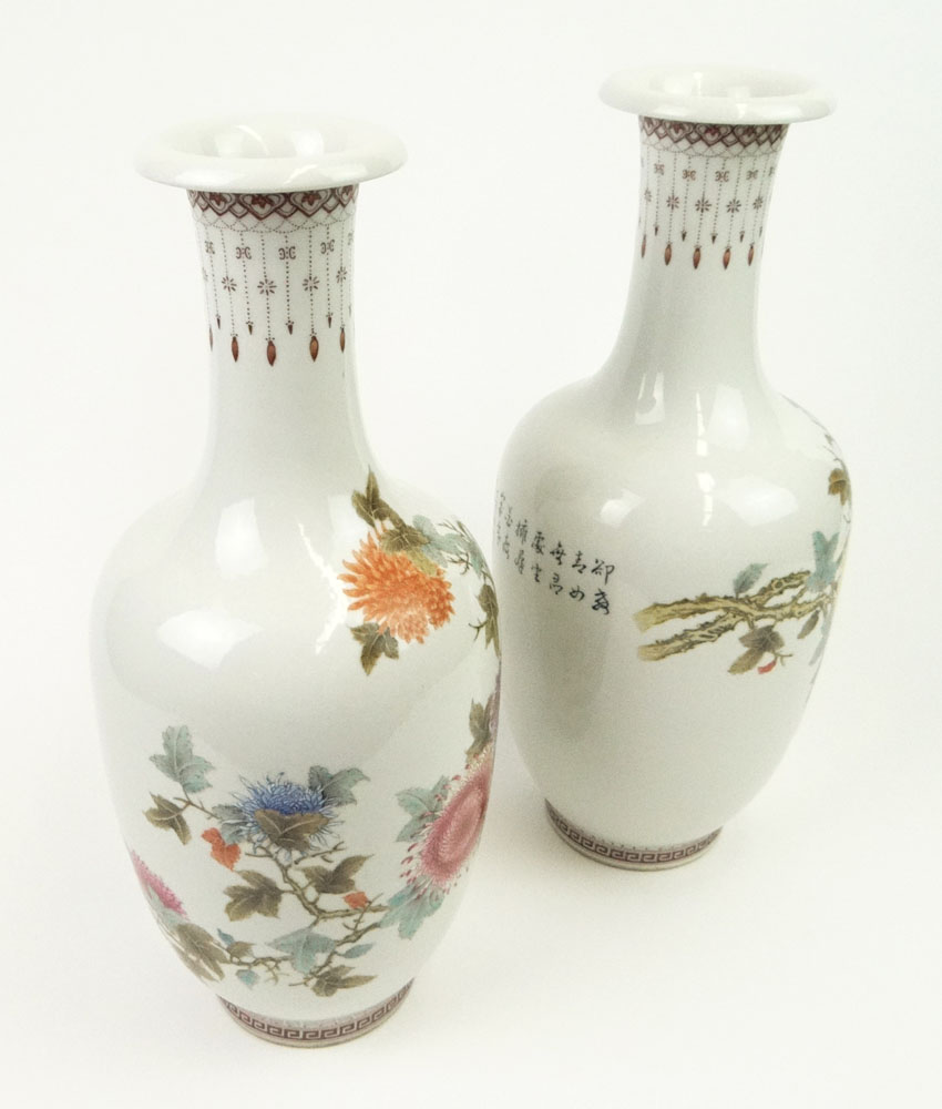 Pair of Chinese Famille Rose Vases with Floral Decoration and a Calligraphy Poem on Rear Panel.