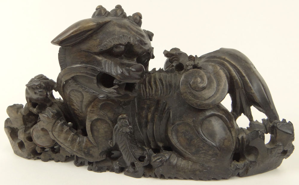 Early 20th Century Chinese Carved Soapstone Buddhist Lion and Cubs Sculpture Group. Unsigned.