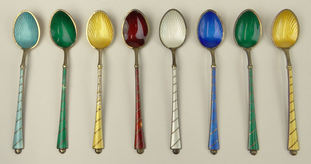 Set of Eight (8) Antique Sterling Silver and Enameled Demitasse Spoons In Box. Signed Ela Denmark