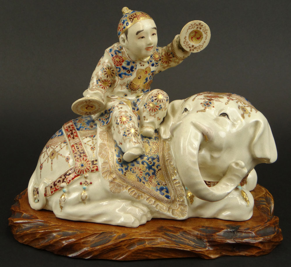 Japanese Satsuma Porcelain Elephant with Rider on Wood Base. Unsigned. Losses and Repairs to Head