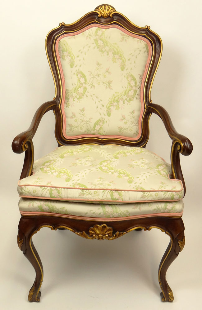 Vintage Karges Furniture Venetian style Carved and Parcel Gilt Open Arm Chair. Manufacturer`s Label