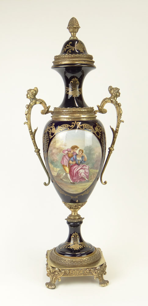 Large 20th Century Sevres-style Gilt Bronze Mounted Porcelain Covered Urn with Painted Romantic