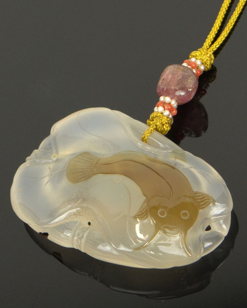 Vintage Chinese Deep Relief Carved Agate Pendant with Catfish Figure with Intricate Detail around