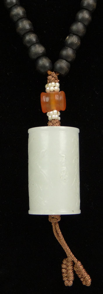 18/19th Century Chinese White Jade Toggle with Prayer Beads. Provenance: Estate of James Macdonald,