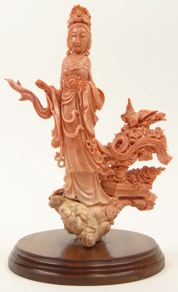 Well Carved Early 20th Century Chinese Carved Coral Figurine Of a Woman With Birds and Flowers.