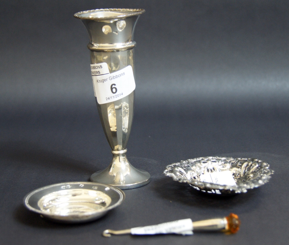 Hallmarked silver vase, silver alms dish, pierced silver dish and silver-mounted button hook