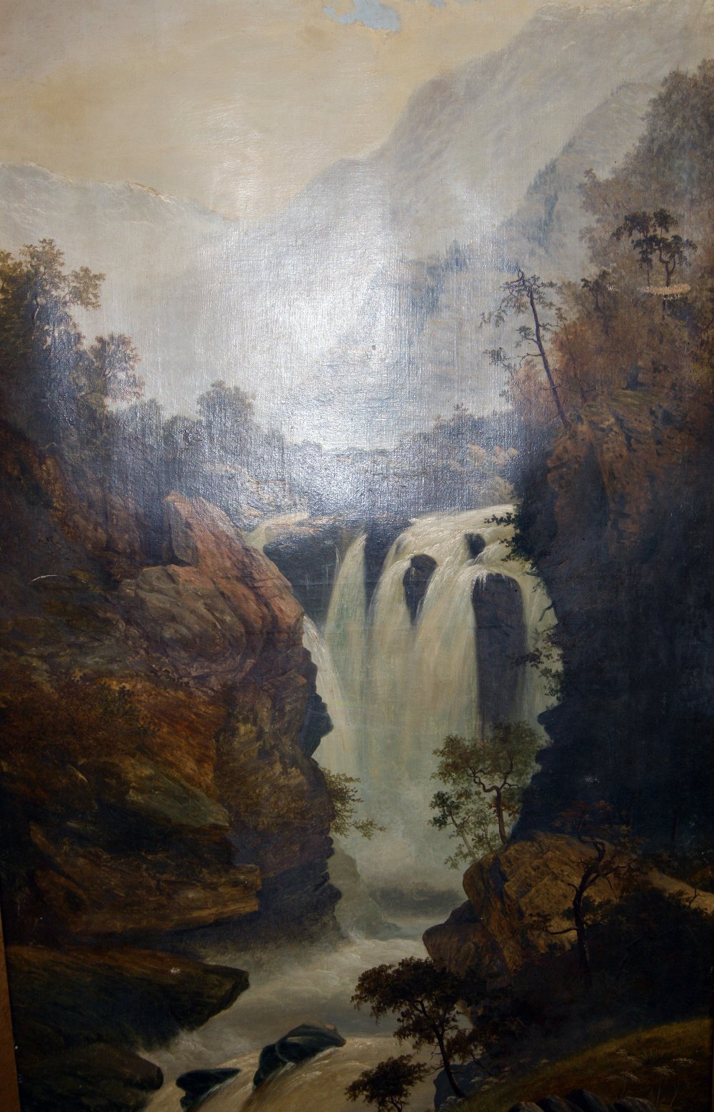 William Preston large oil on canvas of a mountainous waterfall scene, signed and dated 1893 to the