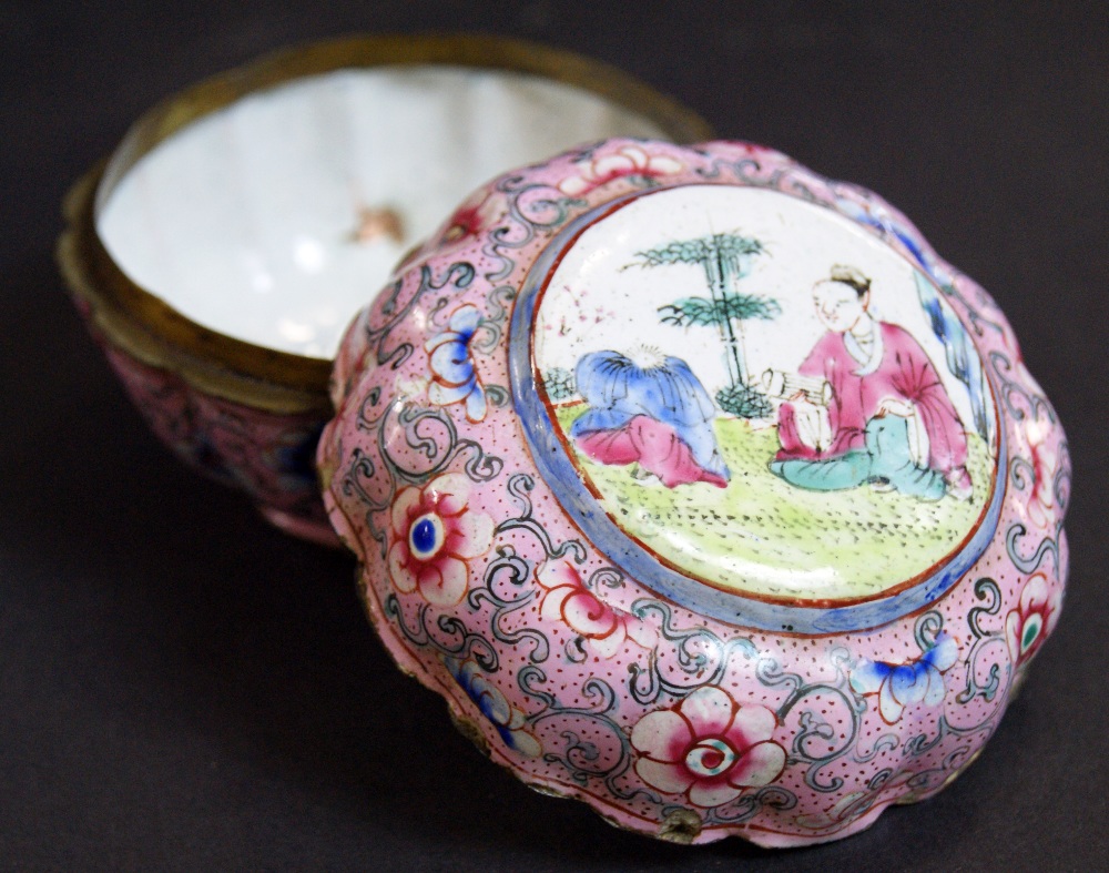 Unusual Chinese cloisonné circular pot & cover with painted panel and foliate designs to the body