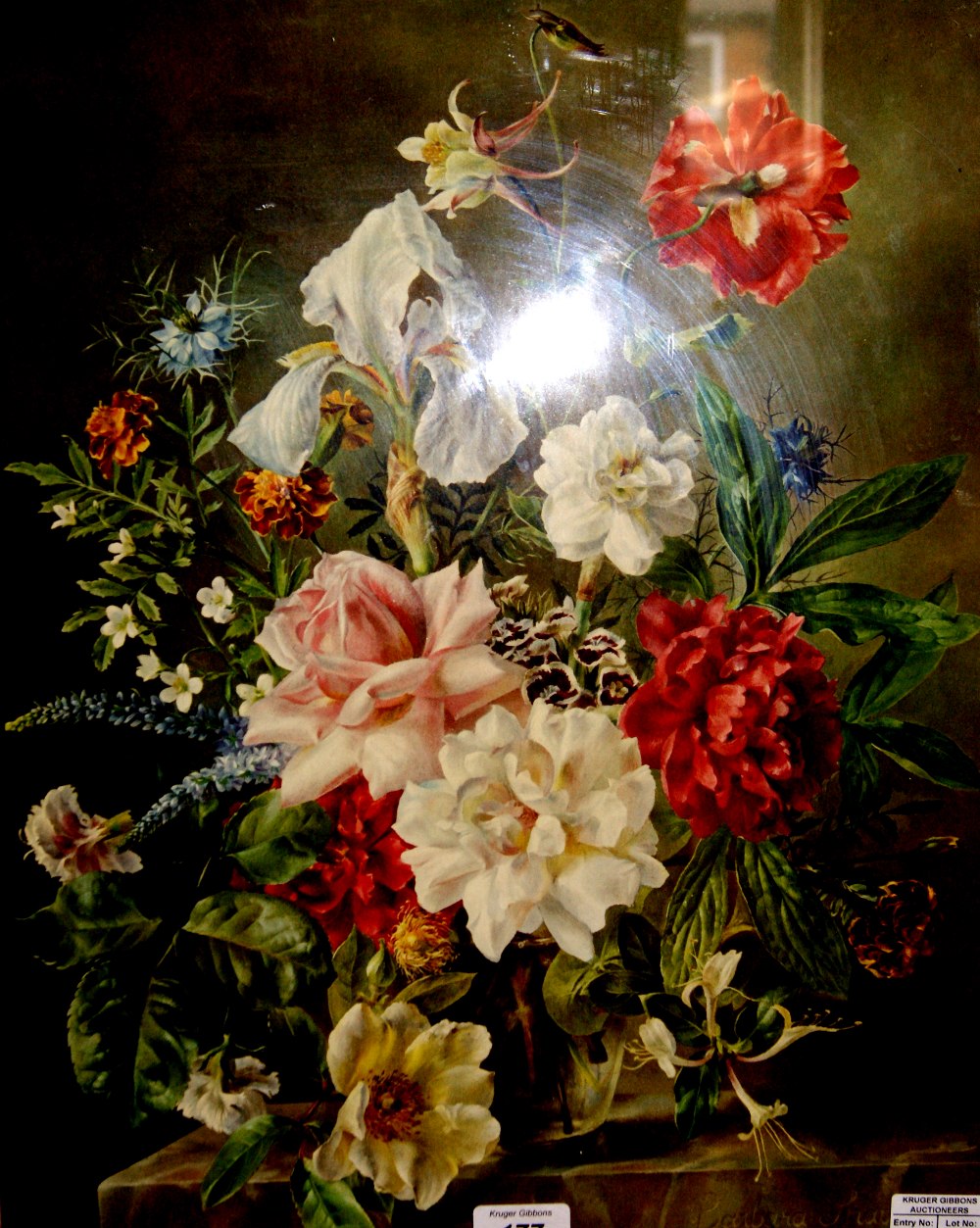 Gilt-framed print, still life of flowers in bloom