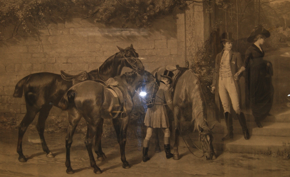 After S E Waller, large monochrome engraving "Twixt Love and Duty" of a huntsman and horses