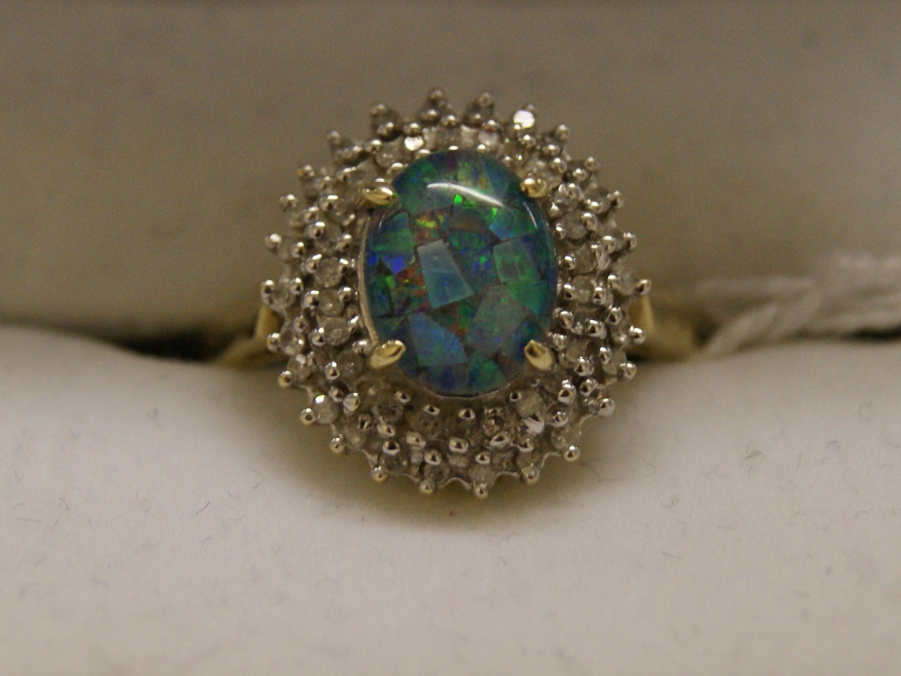 9ct gold, opal and diamond cluster dress ring