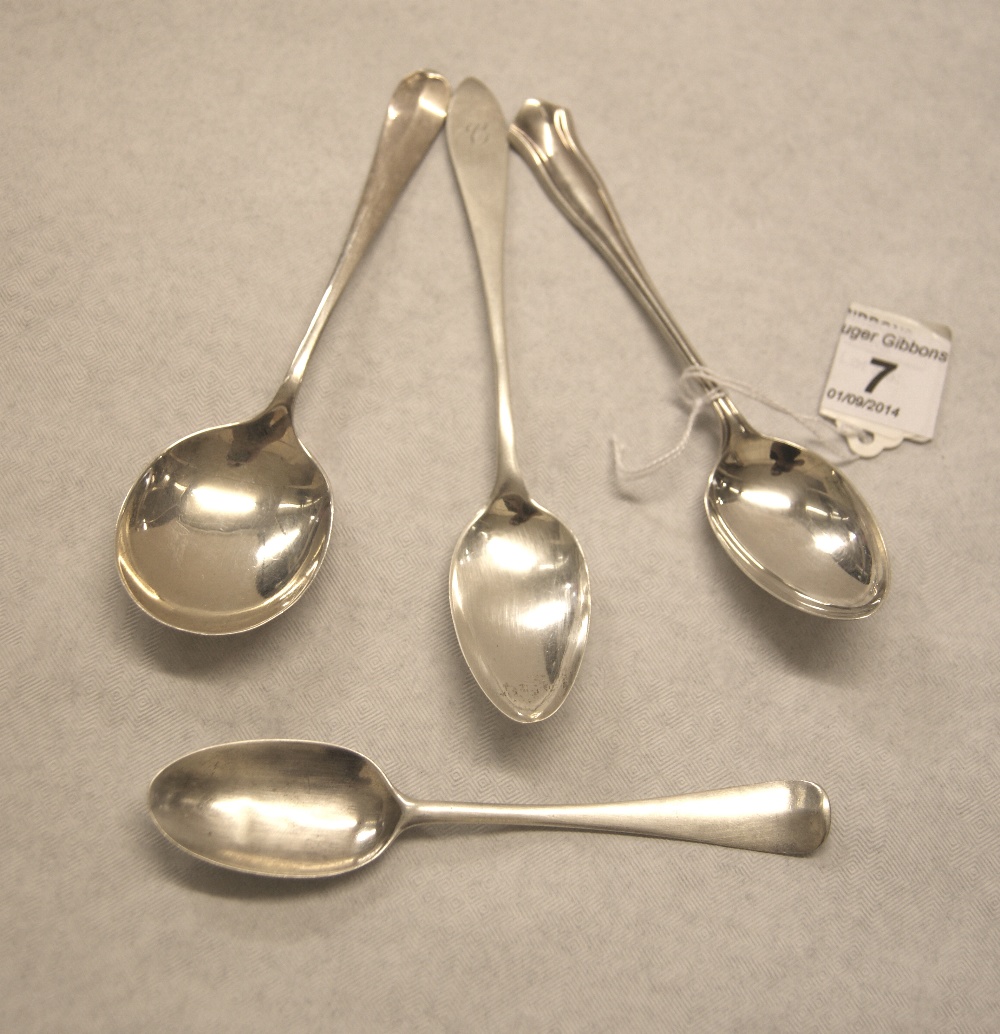 Two hallmarked silver spoons, two white metal spoons (marks indistinct)