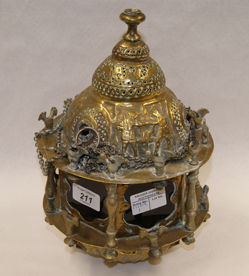 19th Century Middle-Eastern brass suspended lantern with Arabic style detail, six ruby coloured