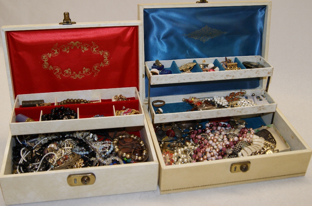 Two boxes of various costume necklaces, brooches, sewing implements, etc.