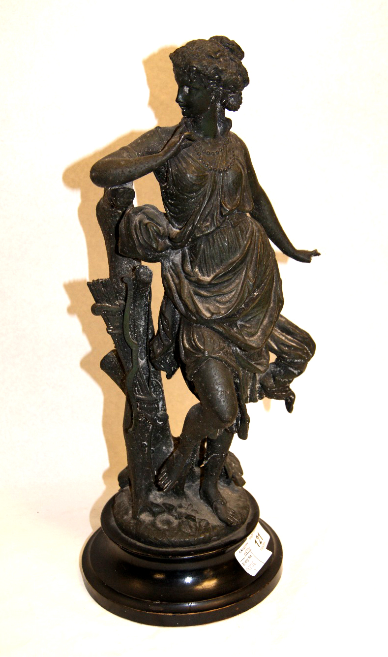 19th Century patinated spelter figure of a classical female, raised on a circular ebonised plinth